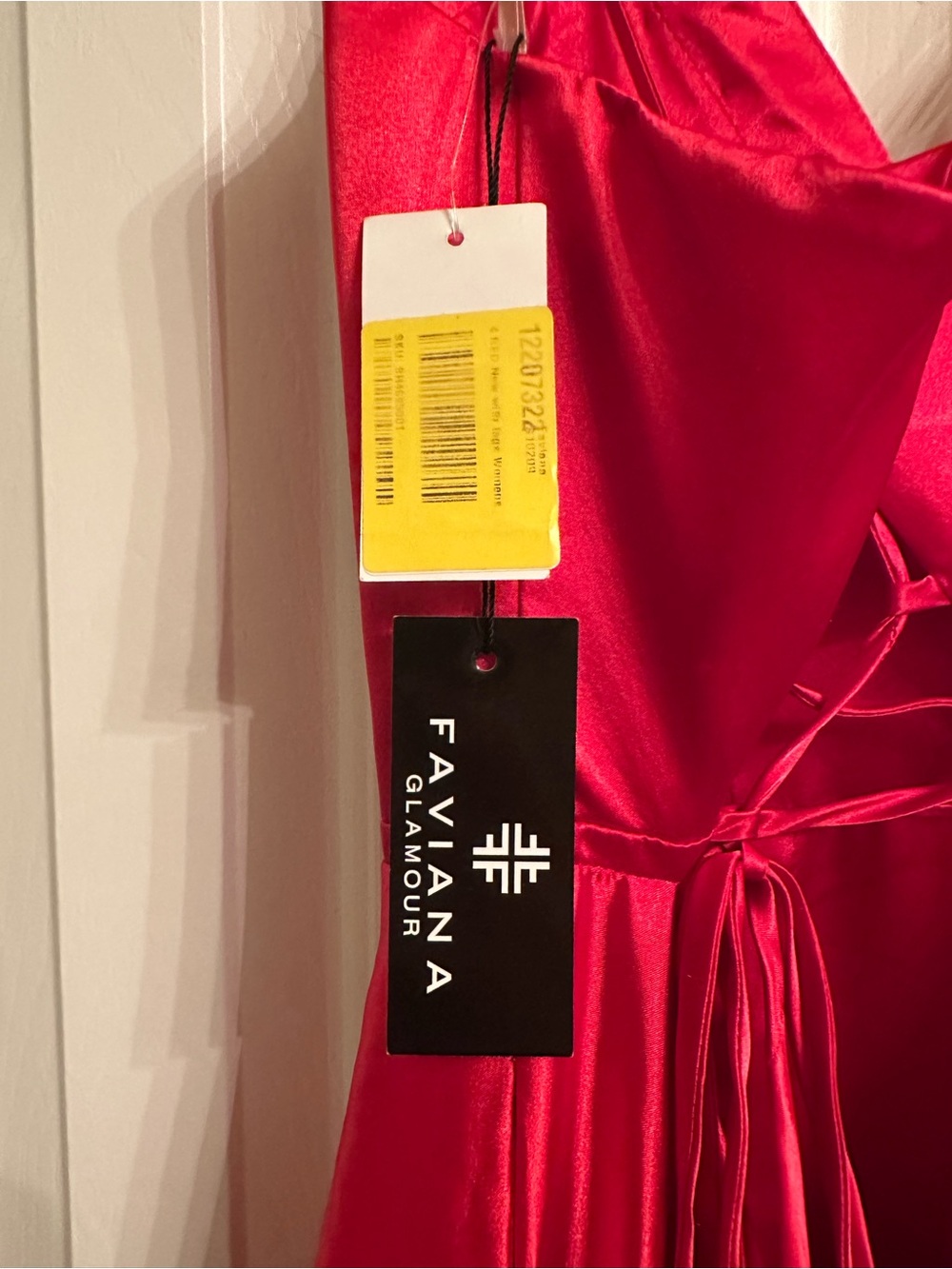 NWT Faviana Red Satin V-Neck Spaghetti Strap Maxi Prom Bridesmaid Slit Dress - Picture 4 of 10